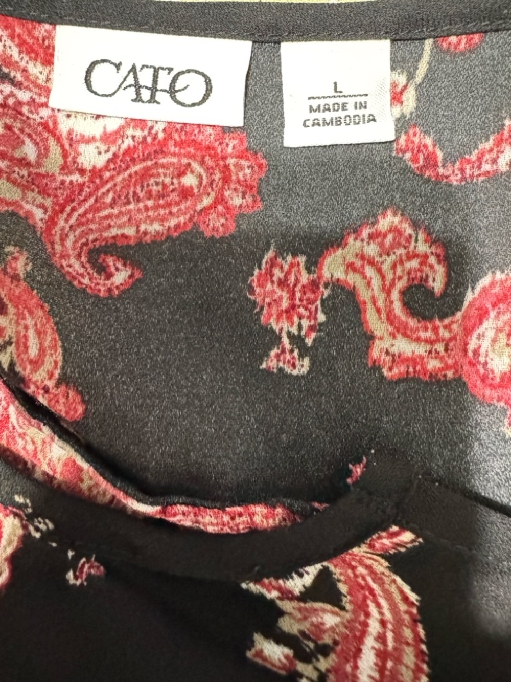 Cato Womens Large Black Red Paisley Blouse 3/4 Sleeve Smocked Hem Boho Top - Picture 8 of 12